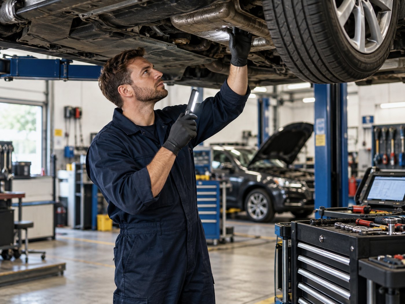 A professional mechanic inspecting a car on a vehicle lift in a tidy independent British automotive workshop
