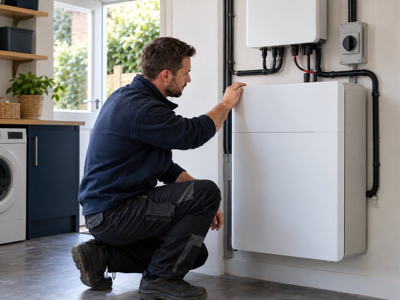 Installer commissioning a domestic battery storage unit