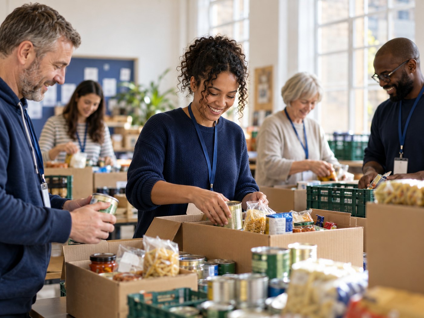 Community volunteers organising donations and packing food parcels