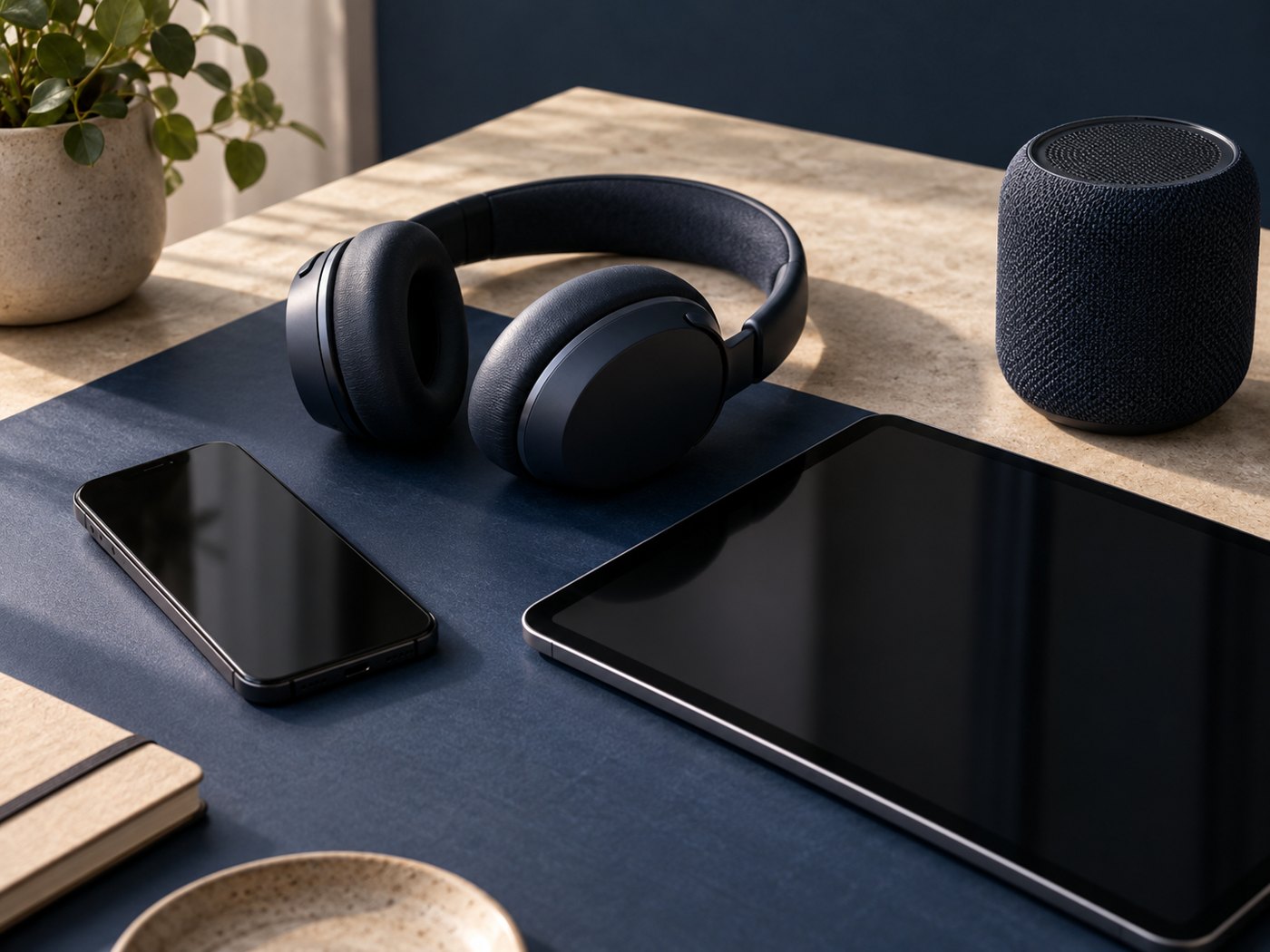 Smartphone, tablet, headphones and a wireless speaker