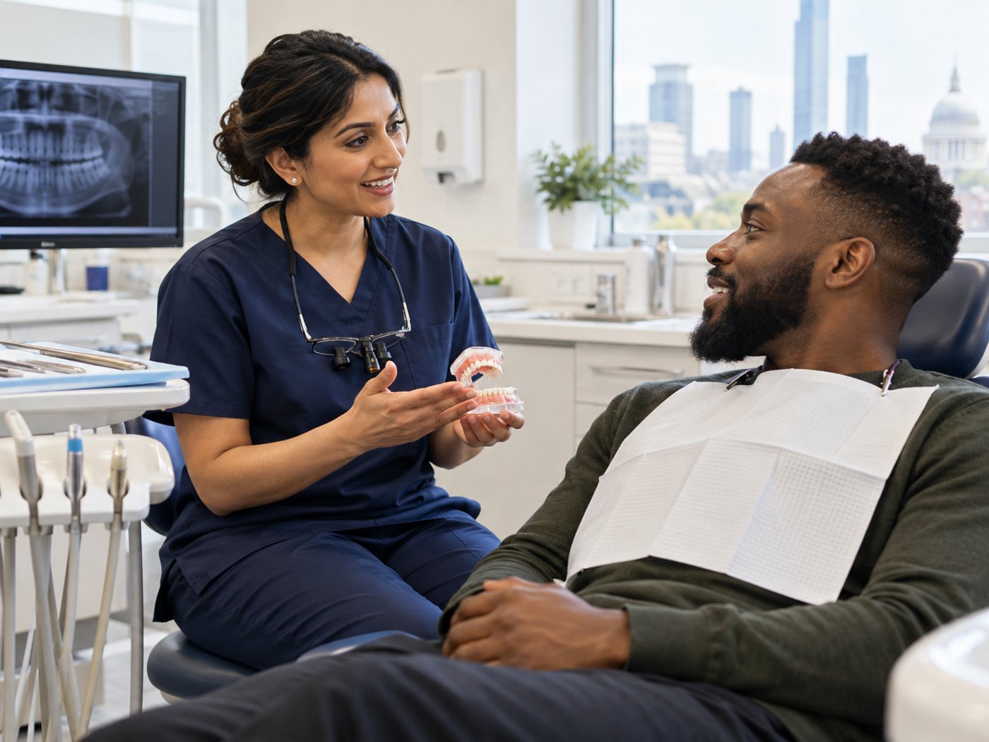 A dentist in professional clinical attire speaking warmly with an adult patient in a bright modern dental surgery