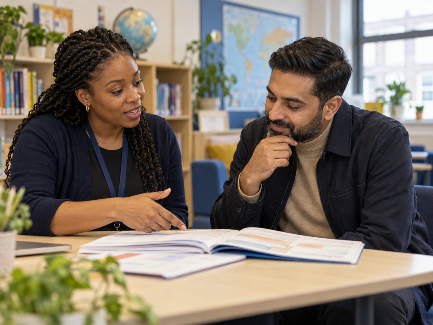 An adult tutor discussing learning materials with an adult parent at a welcoming independent tuition centre