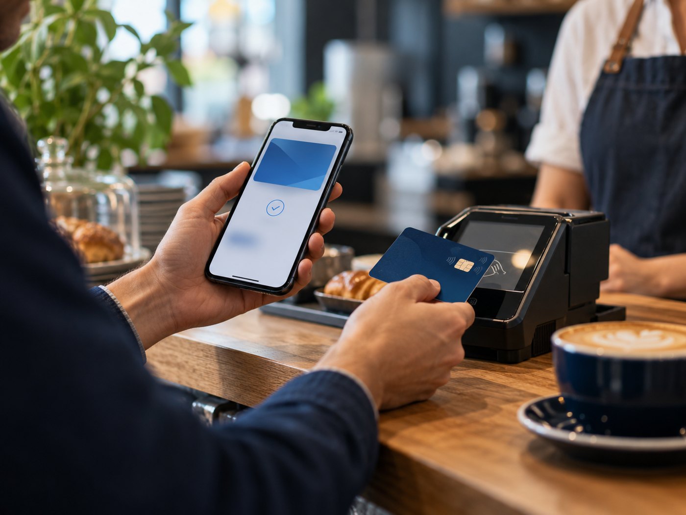 Digital banking and contactless payment at a cafe
