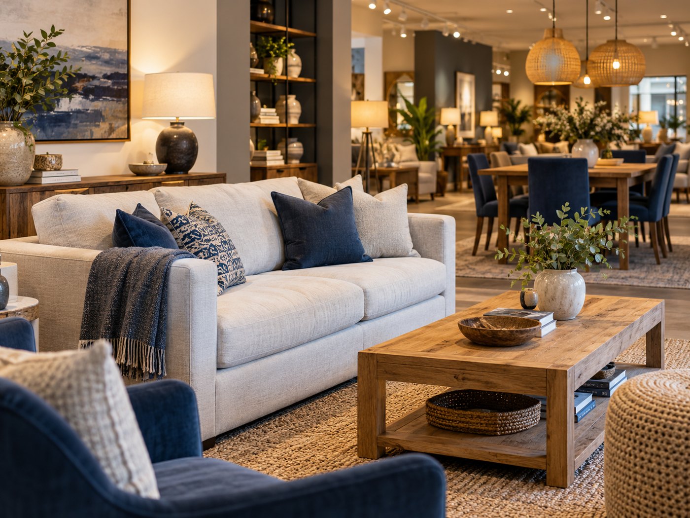 Sofas, tables and chairs in a contemporary furniture showroom