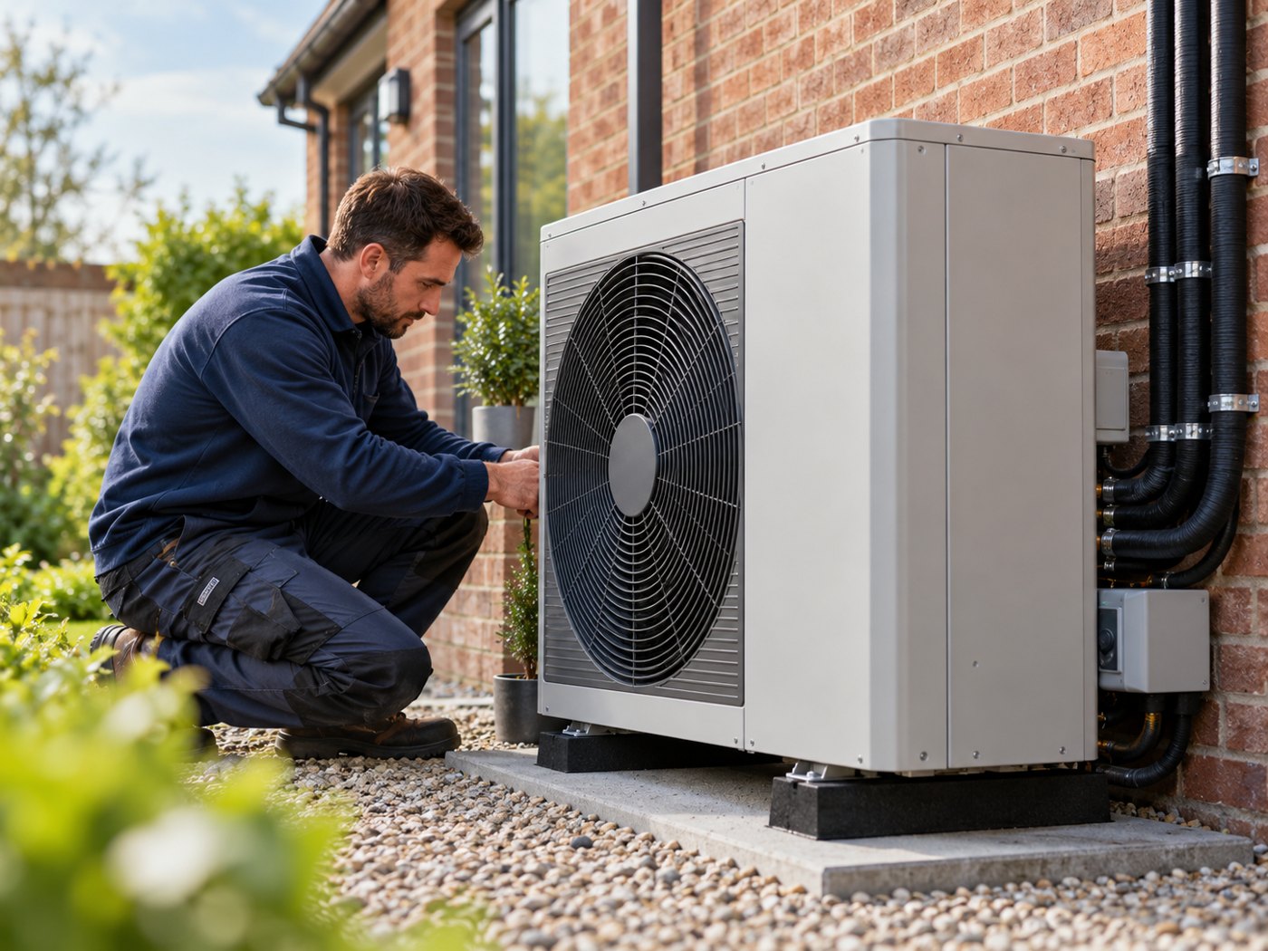 Installer checking an air-source heat pump outside a home