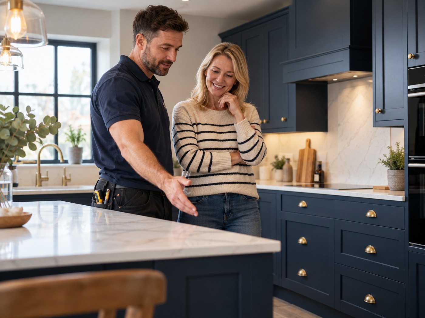 A professional kitchen fitter and homeowner reviewing a newly fitted contemporary kitchen in a British house