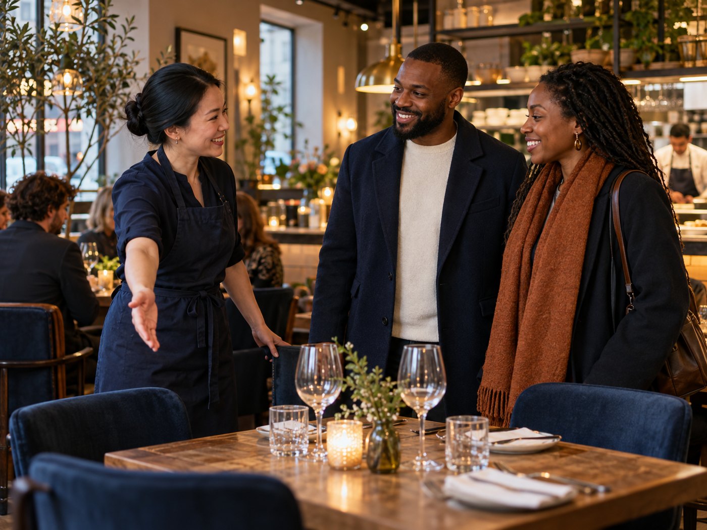 A welcoming independent British restaurant with a server attending a table of adult diners