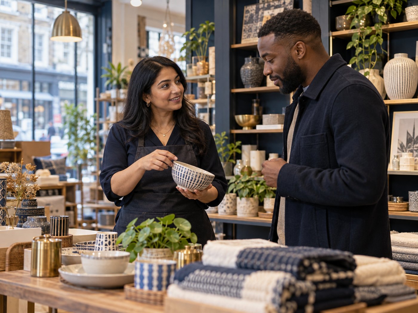 An adult customer browsing products with an independent shopkeeper in a tasteful British specialist retail shop