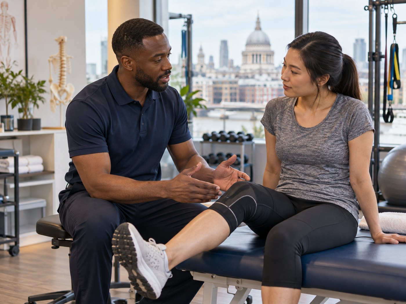 A physiotherapist discussing a rehabilitation exercise with an adult patient in a bright private physiotherapy clinic
