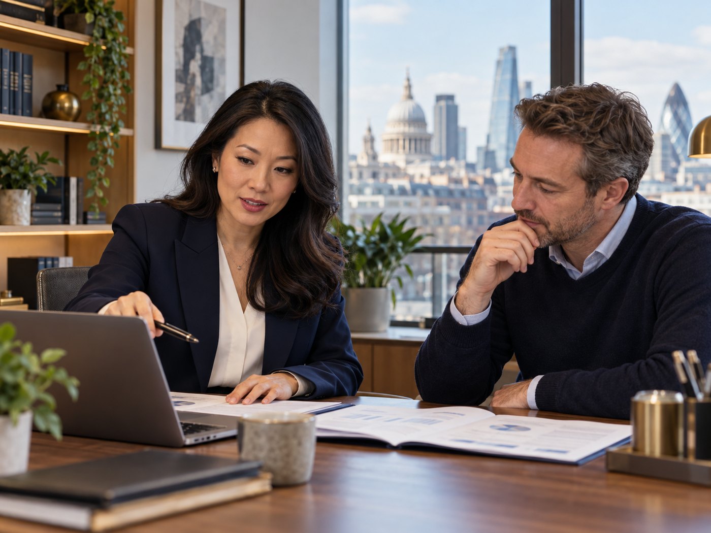 An independent professional adviser meeting a small business owner in a comfortable British accountancy office