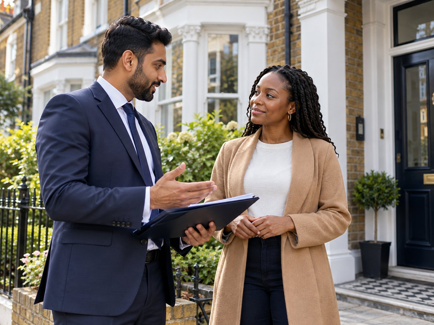 An estate agent and adult homeowner standing outside a well-kept British brick house discussing property paperwork