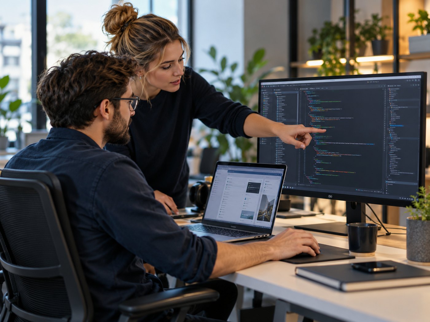 Software developers reviewing code and an application
