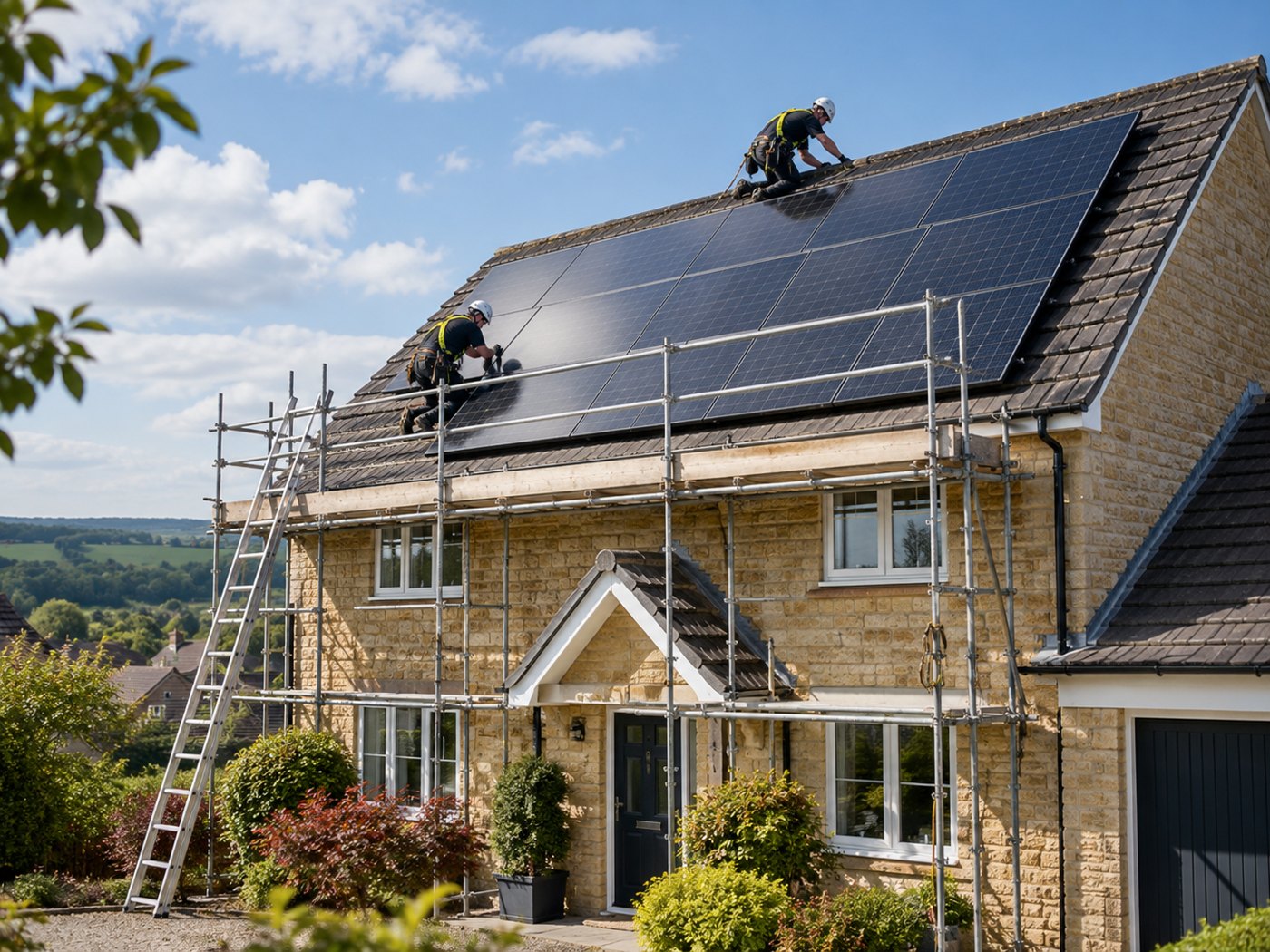 Solar installer working on rooftop panels with scaffolding