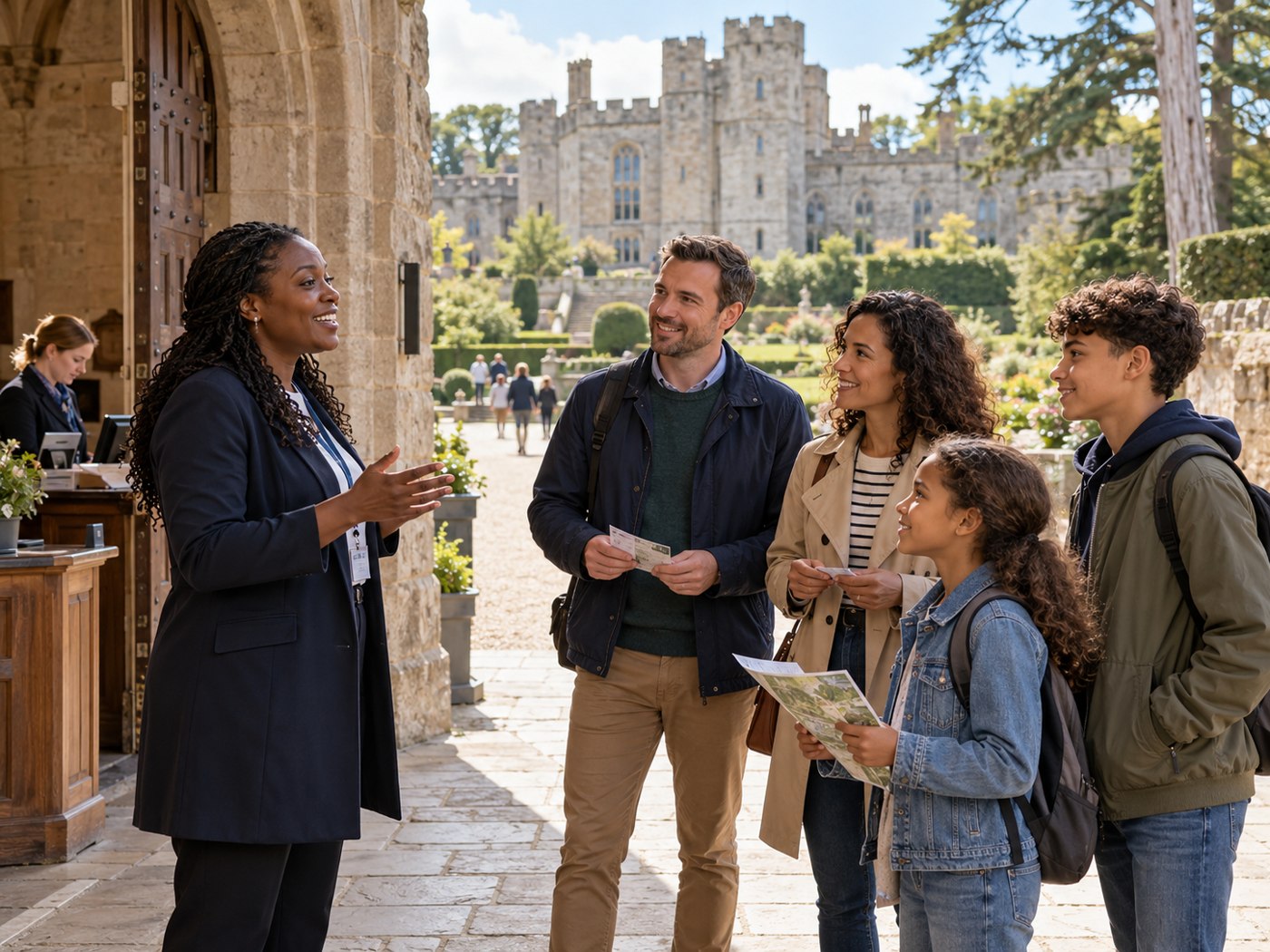 Visitors with a tour guide at a historic British visitor attraction