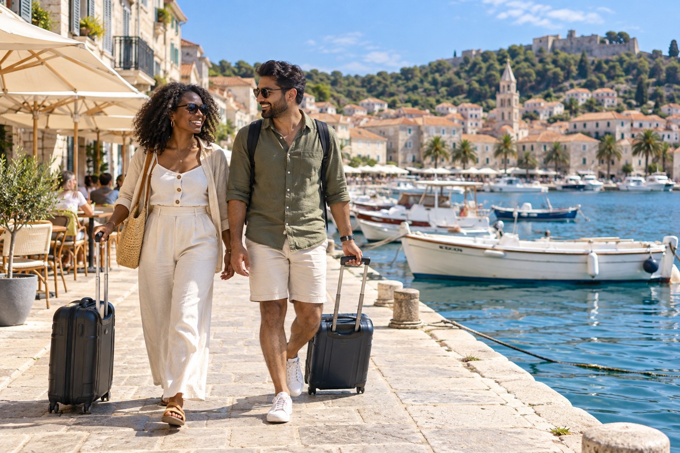 Holidaymakers with luggage exploring a Mediterranean waterfront town